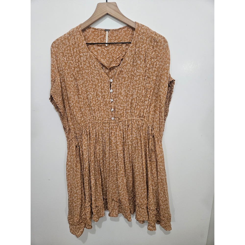 Free People Floral Tunic Mustard‎ Yellow Boho V-Neck Smocked Short Sleeve S
